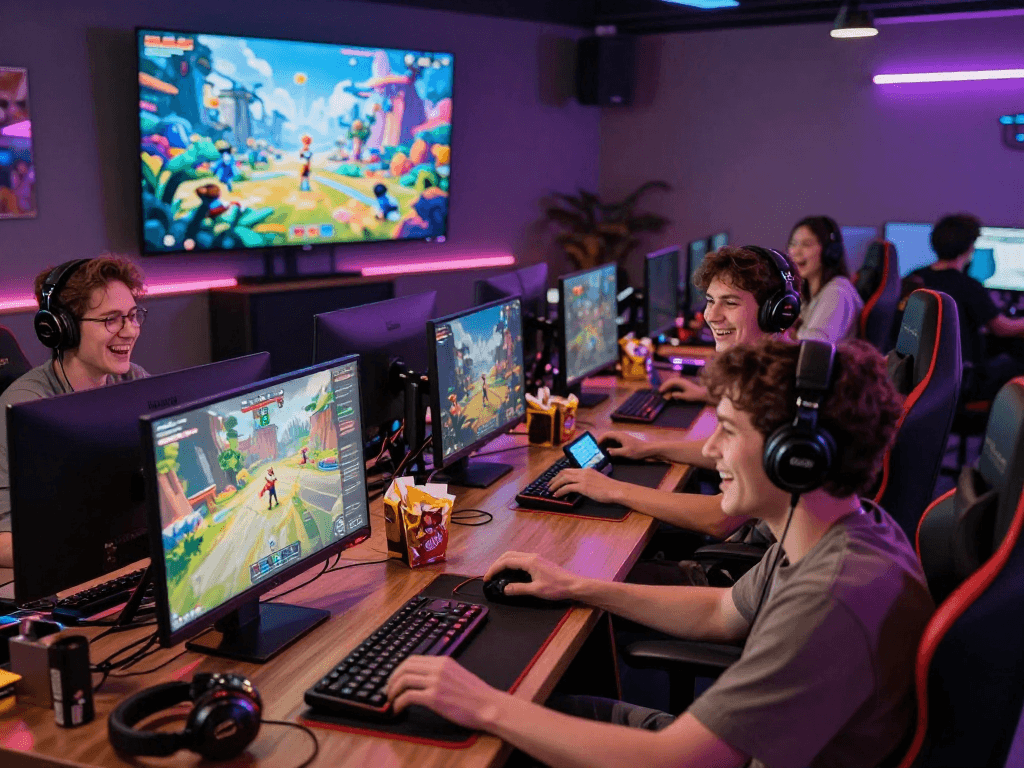 Play engaging game porn in a lively adult gaming lounge with neon lights