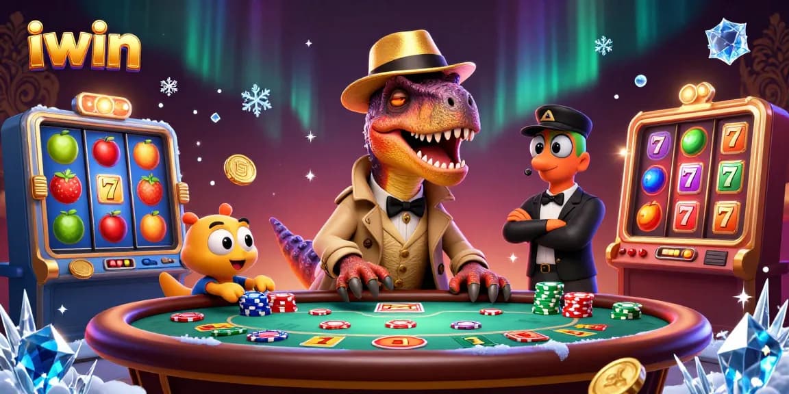 Play slots with iwin in a hilarious, vibrant casino scene featuring dinosaurs and exciting game elements.