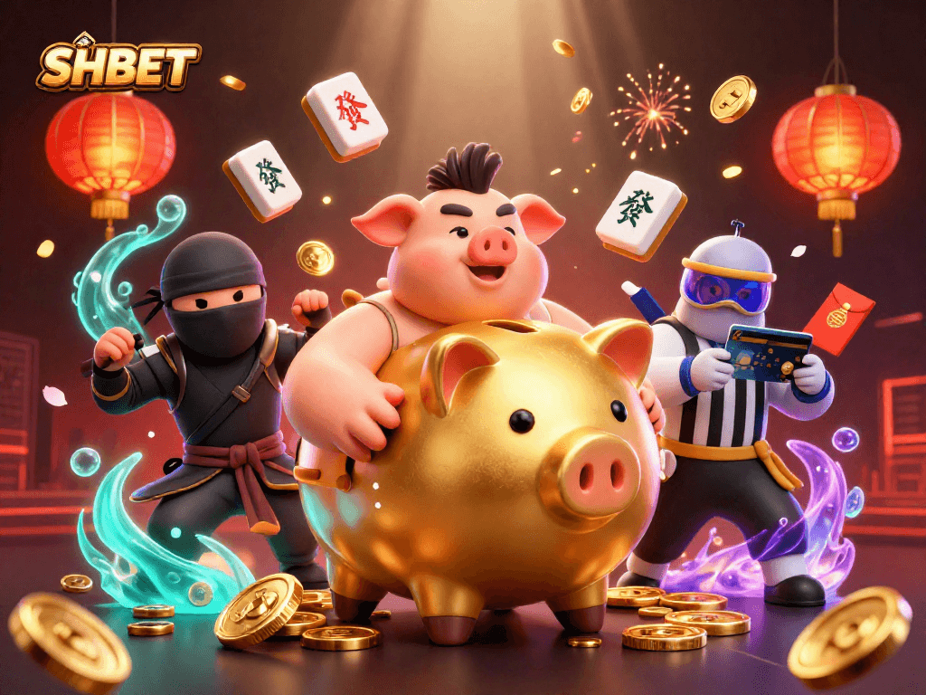Experience the excitement of SHBET in this vibrant 3D scene with a golden piggy bank sumo wrestler and dynamic casino elements.