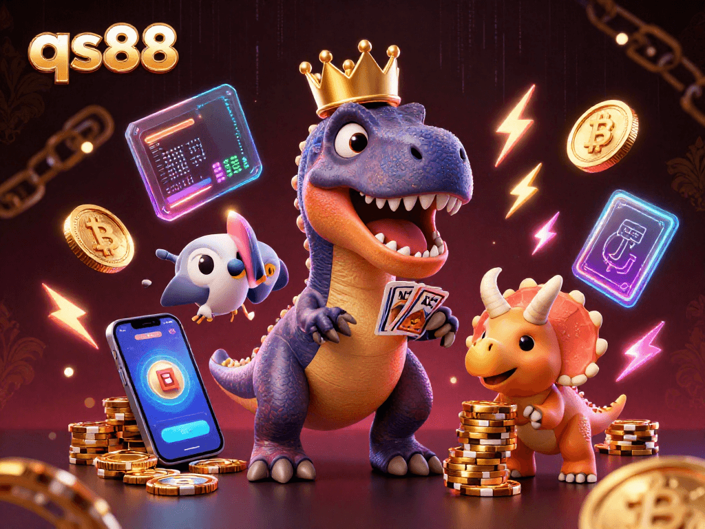 Engage in thrilling casino games at qs88 with a playful T-Rex shuffling cards alongside vibrant digital elements.