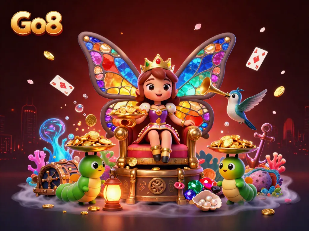 Experience the thrill of Go8 with a rich 3D casino scene featuring vibrant characters and gambling elements.