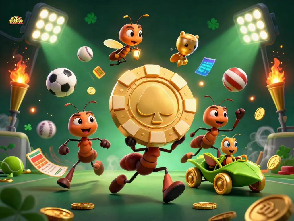 Mubet features a cartoon heist scene with ants carrying a golden poker chip amidst dynamic sports elements.