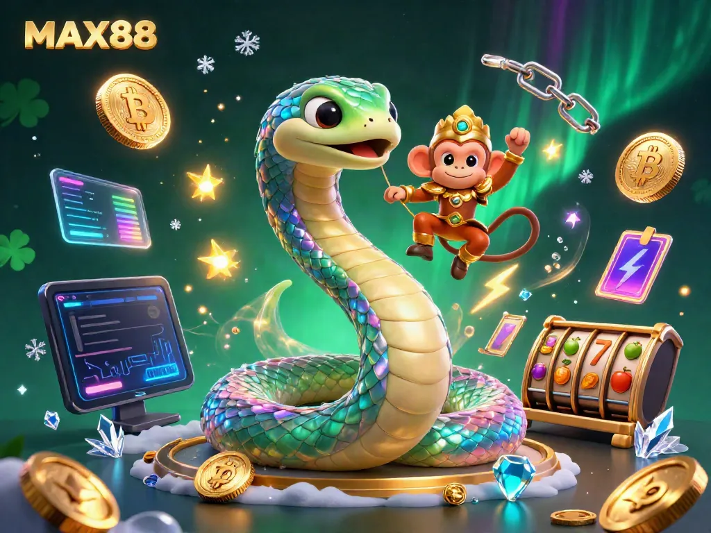 Experience the dynamic world of MAX88 with an enchanting rainbow serpent and golden monkey king amidst vibrant gaming elements.