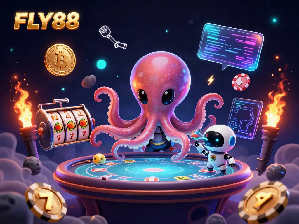 Engage in thrilling betting action with FLY88, featuring vibrant slot machines and alien characters.