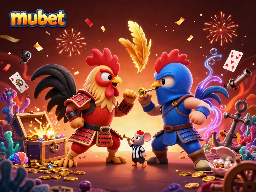 Experience the intense showdown of mubet's samurai and ninja roosters amidst vibrant casino elements.