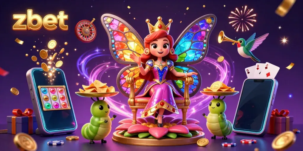 ZBET offers thrilling gameplay; a vibrant scene with a butterfly queen and casino elements like chips and slots.