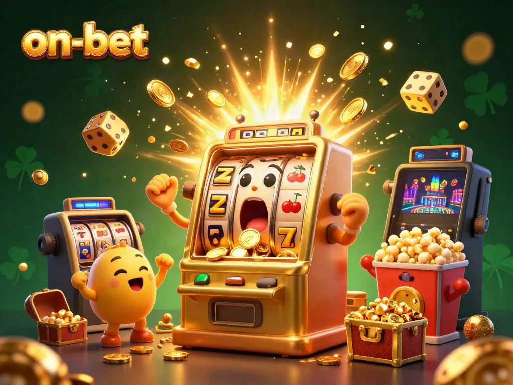 on-bet features a golden slot machine celebrating a jackpot amidst coins and festive elements.