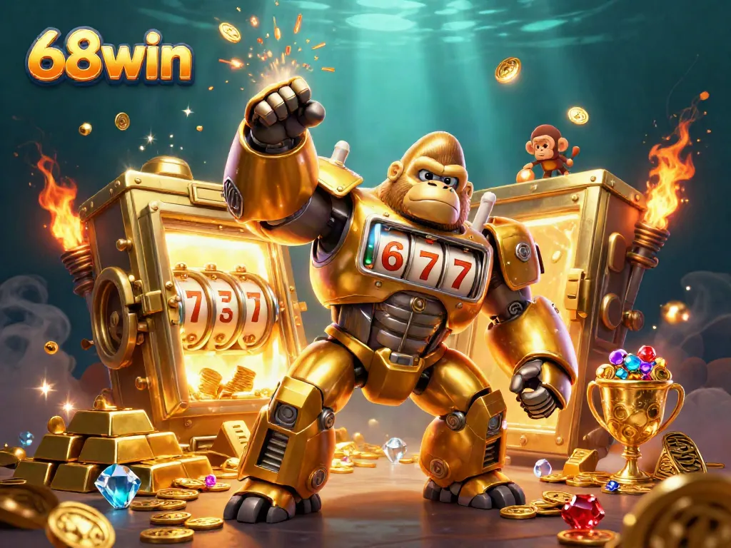 Experience the excitement of 68win with a dynamic illustration of a golden gorilla mech celebrating jackpot wins.
