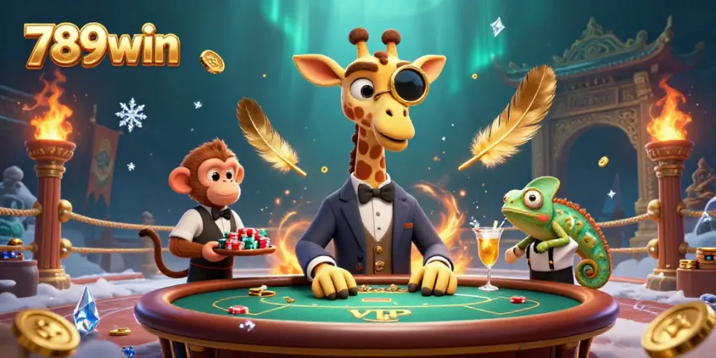 A high-roller giraffe enjoying a VIP poker game at 789win, with vibrant casino elements and rich decorations.