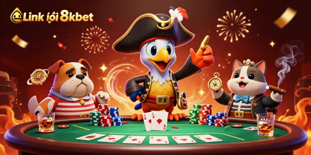 Engage in thrilling gameplay with Link vào 8kbet showcased in an ultra-detailed 3D illustration of a vibrant casino scene.