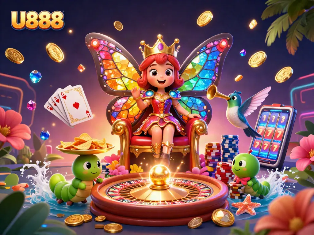 Experience U888 with a vibrant visual explosion of slots and casino elements in a colorful illustration.