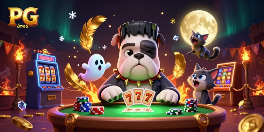 Engage in PG สล็อต action with 3D characters dealing cards and vibrant golden gaming elements.
