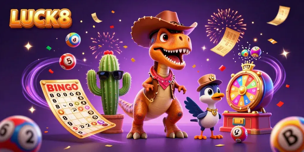 Engage with LUCK8's exciting games in a vibrant 3D casino scene with animated elements.