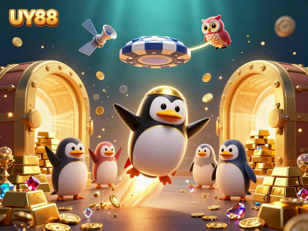 Engage in thrilling gameplay with UY88 as a golden penguin zooms to a vibrant casino space station.