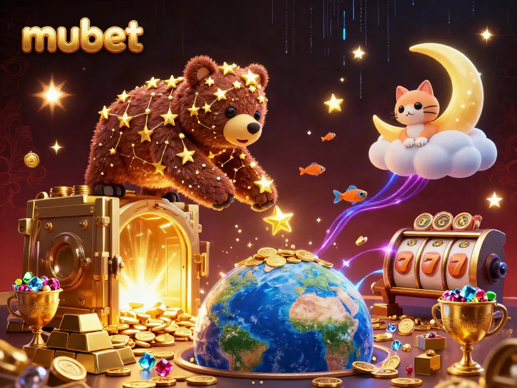 Experience the magic of mubet as a constellation bear scoops coins while vibrant casino elements glitter.