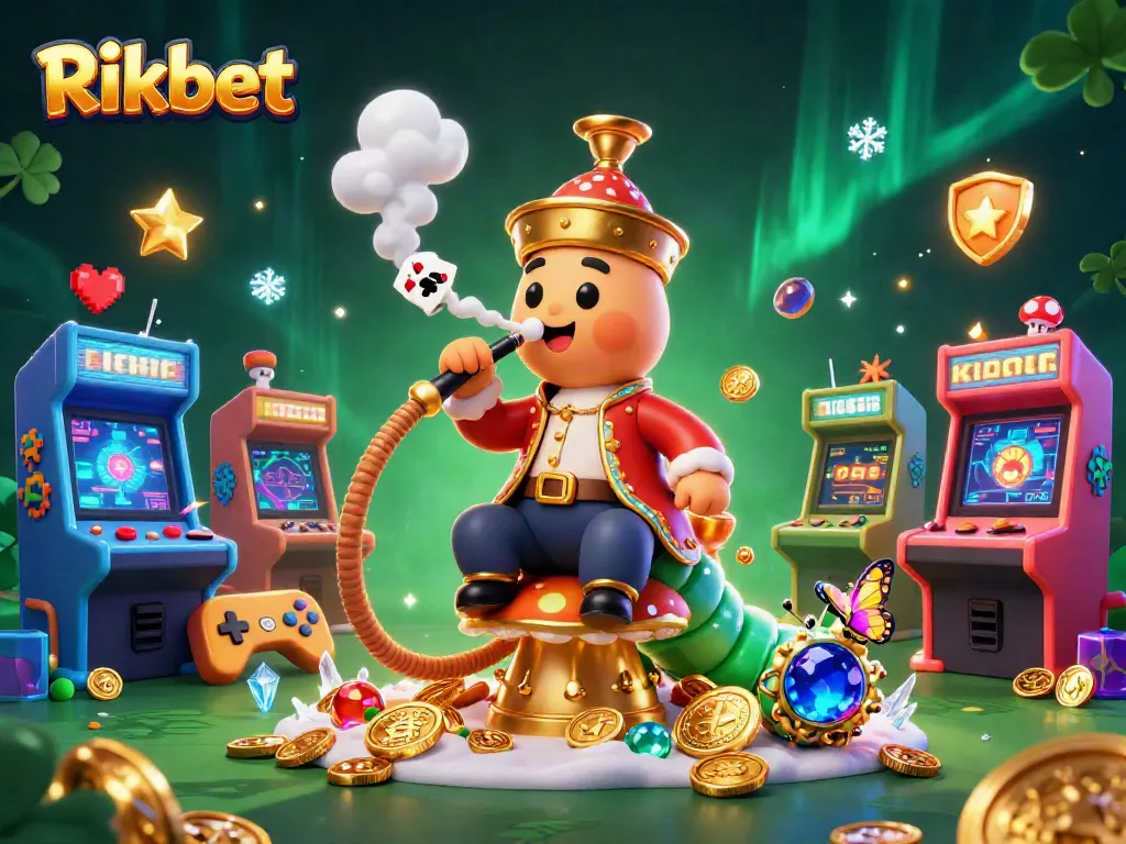 Rikbet's enchanting casino scene featuring a whimsical caterpillar blowing poker symbols and vibrant gaming elements.