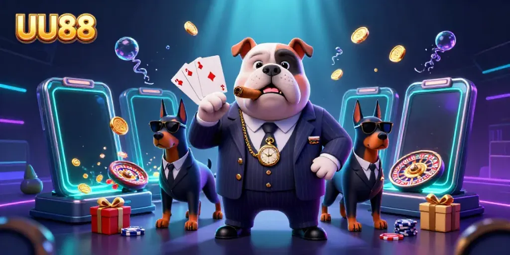 Win with UU88 in this vibrant 3D slot-themed casino illustration featuring a mafia bulldog and his protection.