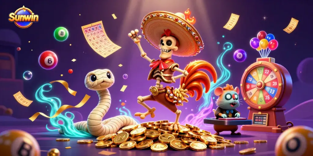 Sunwin engages players with a vibrant casino scene showcasing winning elements and fun 3D characters.