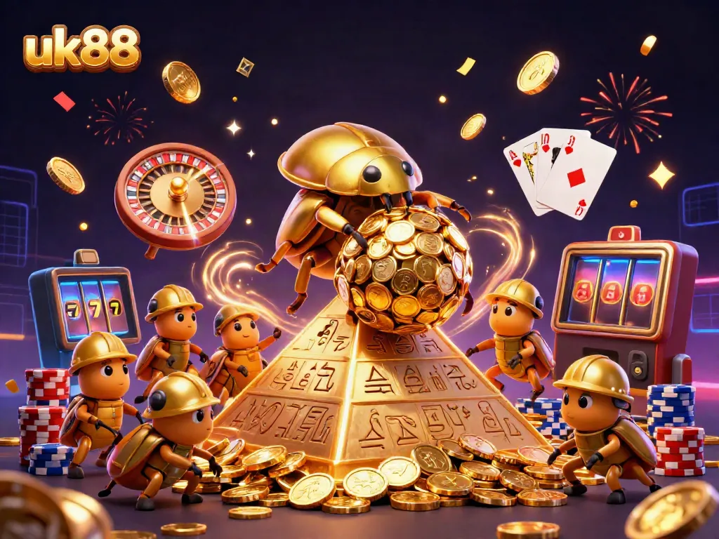 Experience the thrilling world of uk88 with a vibrant 3D casino scene featuring beetles, golden coins, and exciting game elements.