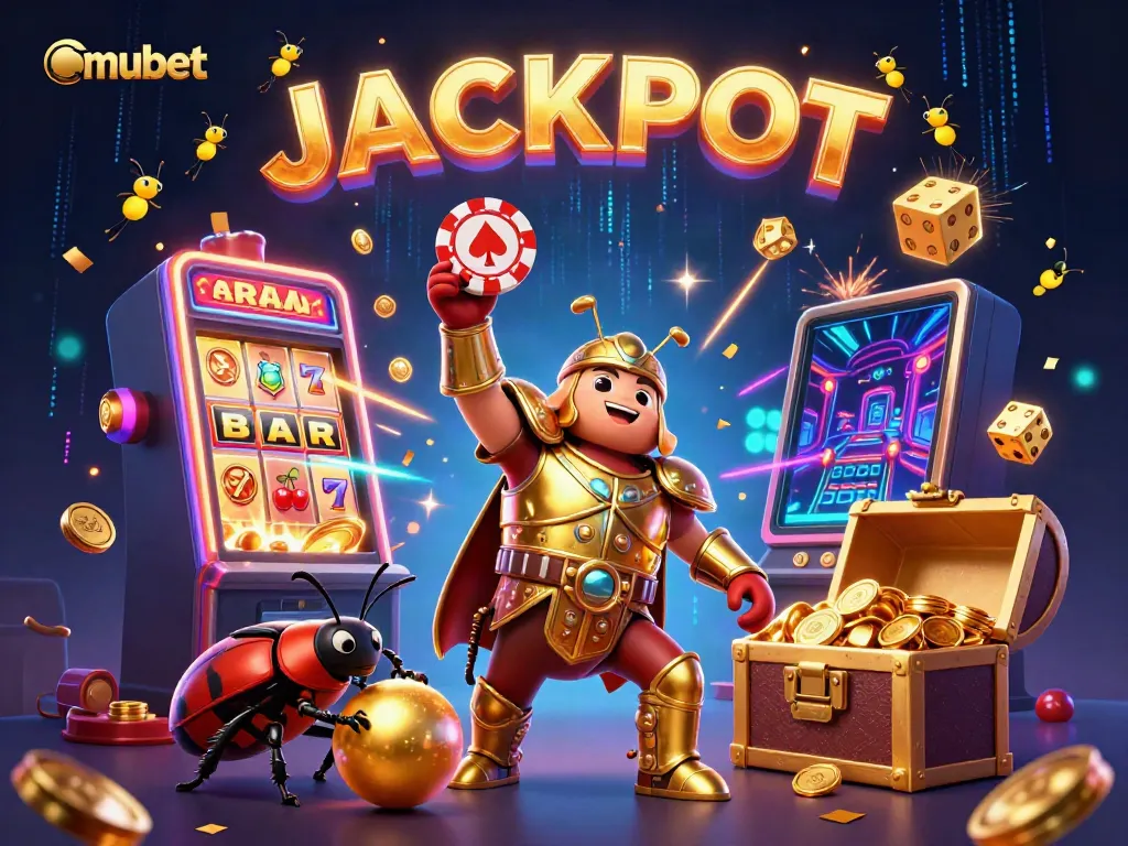 Experience the excitement of mubet with a hercules beetle in golden gladiator armor lifting a poker chip among casino themes.
