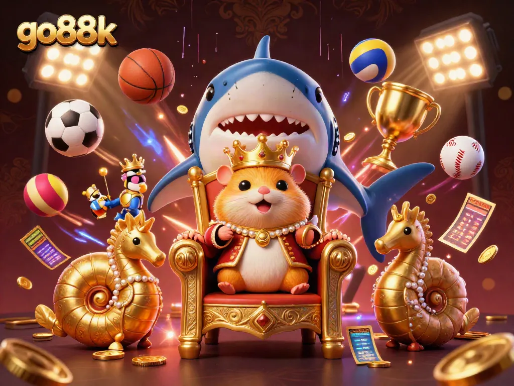 Win big at go88k with a vibrant scene of gaming excitement featuring a hamster king and sports elements.