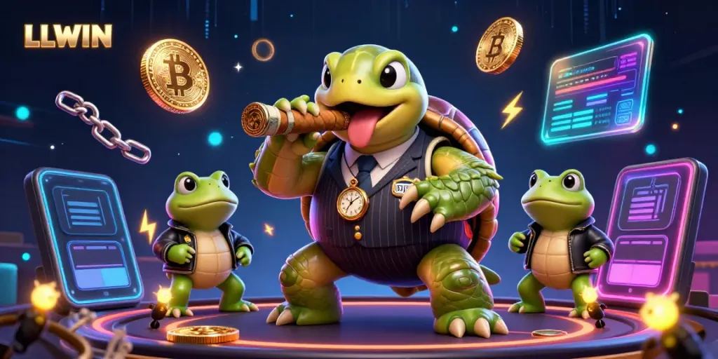 Engage with LLWIN's vibrant casino scene featuring cartoon characters among dazzling crypto elements.