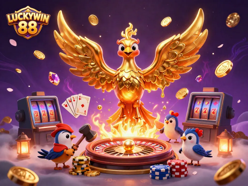 Experience fortune with LUCKYWIN 88 as a golden phoenix rises amidst coins, cards, and casino excitement.