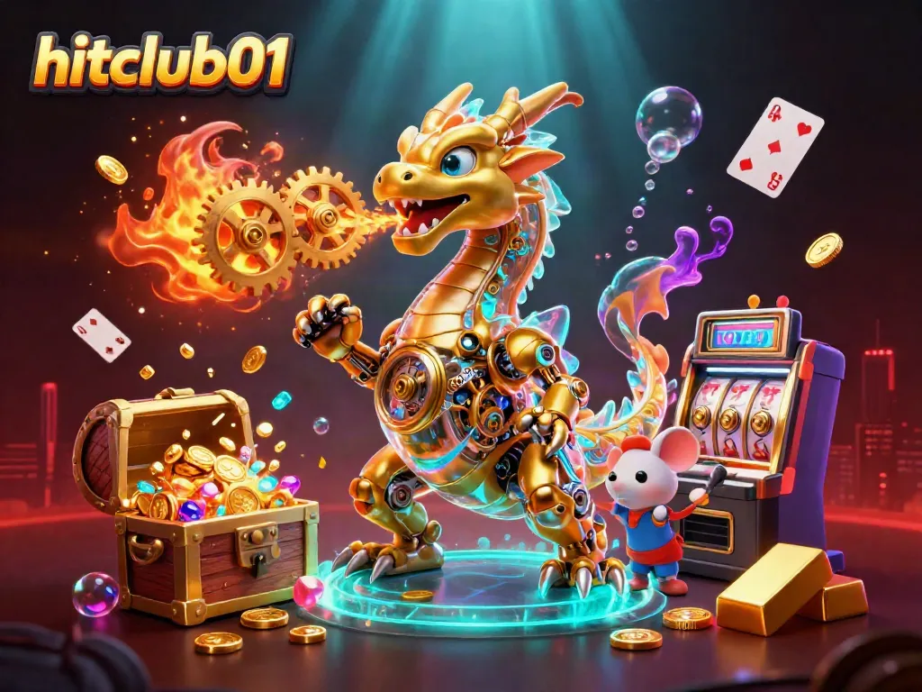 hitclub01 offers thrilling gaming adventures with a golden dragon and treasure-filled casino scene