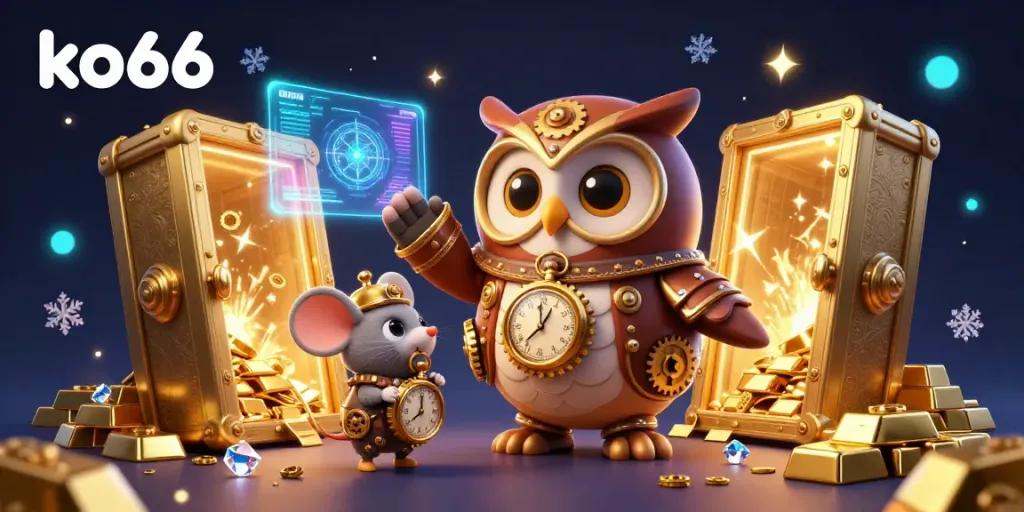 Experience the thrill of gaming at ko66 with a magical casino scene featuring treasure and interactive characters.
