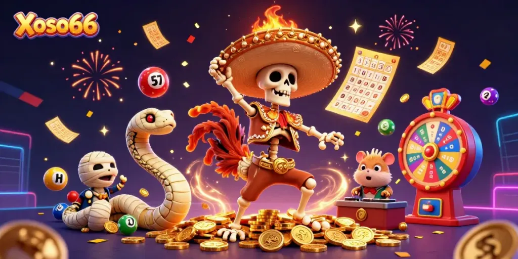 Xoso66's vibrant lottery scene with dancing characters and colorful elements captures the excitement of online gambling.