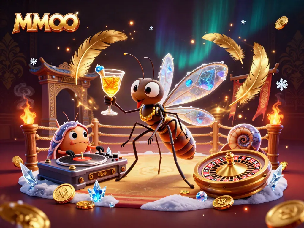 Experience casino excitement with MMOO in this vibrant 3D illustration featuring unique mascots and gambling elements.