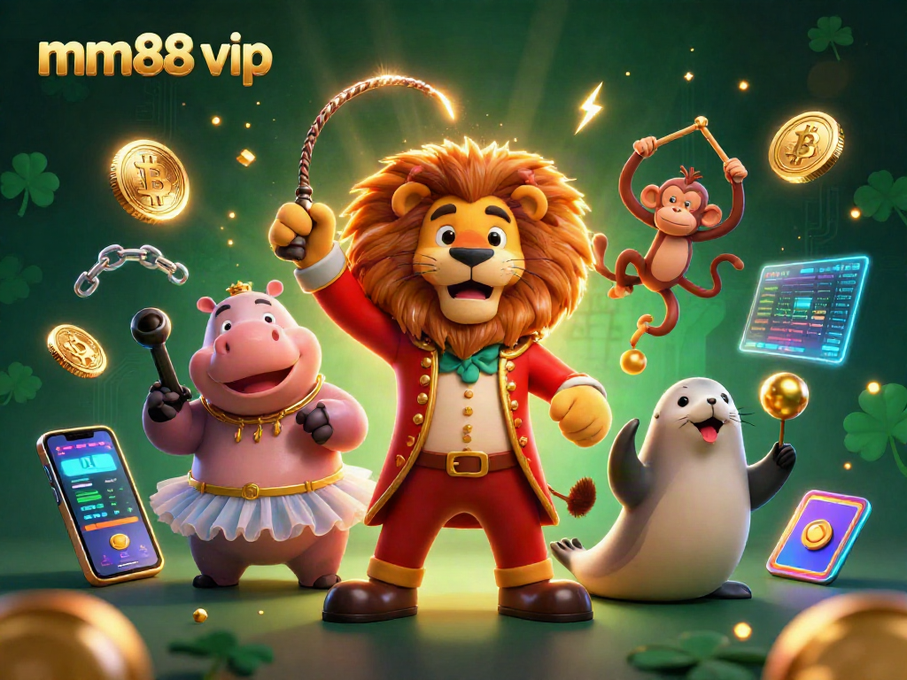 Experience exciting gameplay with mm88 vip in this dynamic 3D casino illustration, featuring vibrant characters and crypto elements.