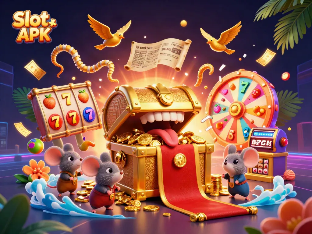Spin the reels and win big with Slot APK, featuring vibrant 3D cartoon illustrations of jackpots and treasure.