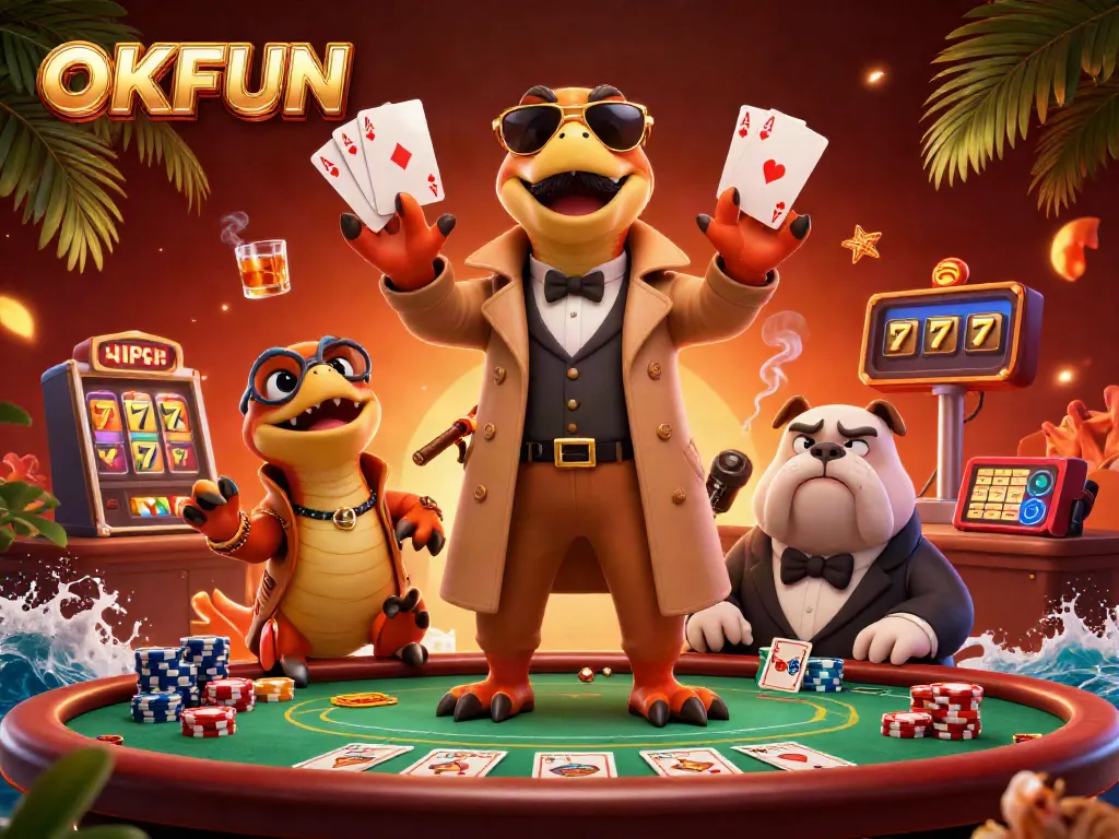Raptors in trench coats attempting to enter a casino, showcasing OKFUN excitement with poker elements.