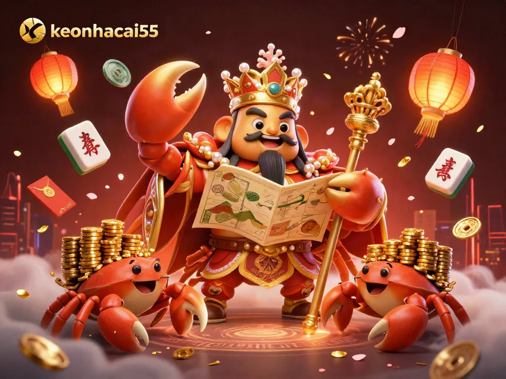 Engage with keonhacai55 through a vibrant 3D illustration featuring a golden crab emperor surrounded by wealth symbols and festive elements.