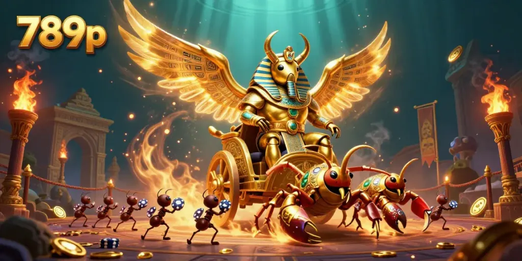 Experience thrilling gameplay with the 789p casino's vibrant 3D scene showcasing a golden scarab and rich game elements.