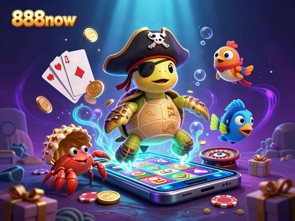 Enjoy thrilling wins at 888now with engaging casino scenes featuring lively underwater characters.