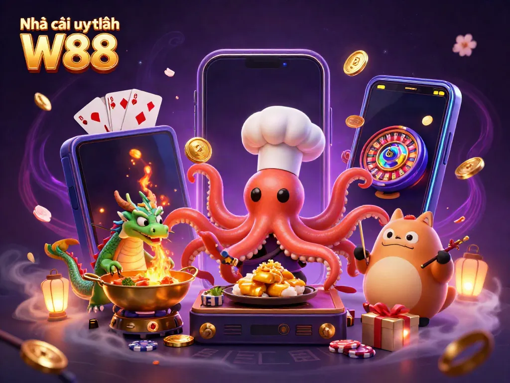 Experiencing thrilling games at Nhà cái uy tín W88 with vibrant casino elements and characters in dynamic action.