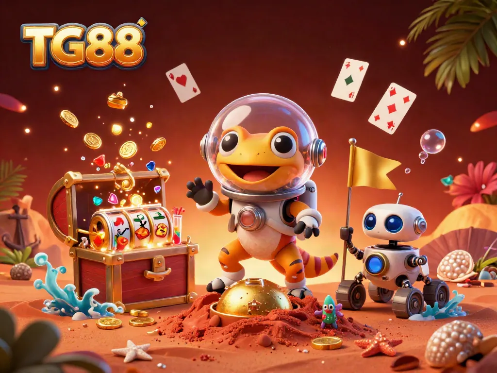 TG88 casino gecko in a retro space suit celebrates wins with gold coins and slot machines.