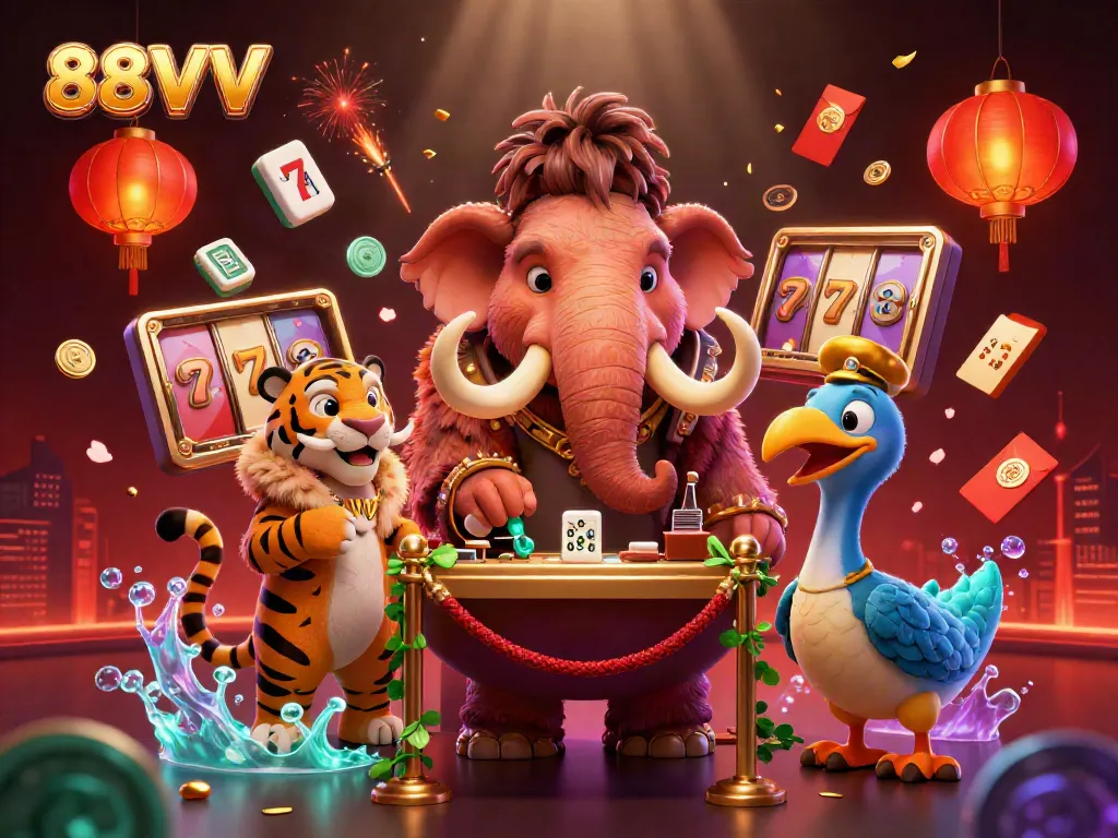Experience the vibrant 88VV casino scene, featuring colorful characters and dynamic slot games.