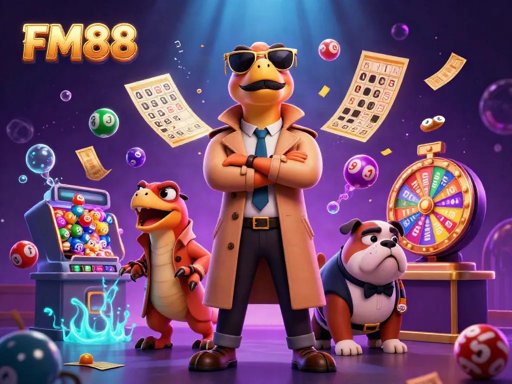 FM88 offers an exciting gambling experience with colorful lottery balls bouncing around cartoon characters in a vibrant casino