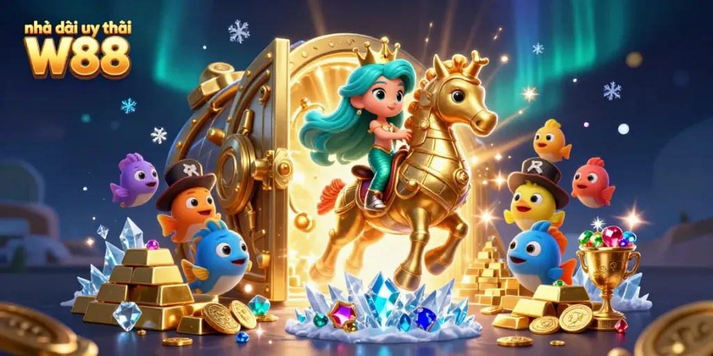 Engaging scene with Nhà cái uy tín W88 showcasing a mermaid princess and her seahorse amidst treasure.