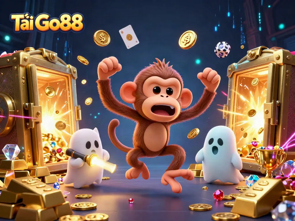 Tải Go88 with a playful monkey and curious puppy amid a haunted casino's sparkling treasures.