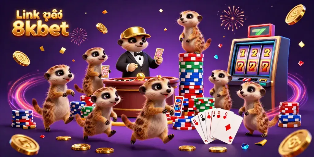 Engage with the exciting world of Link vào 8kbet through a vibrant 3D casino scene featuring animated meerkats!