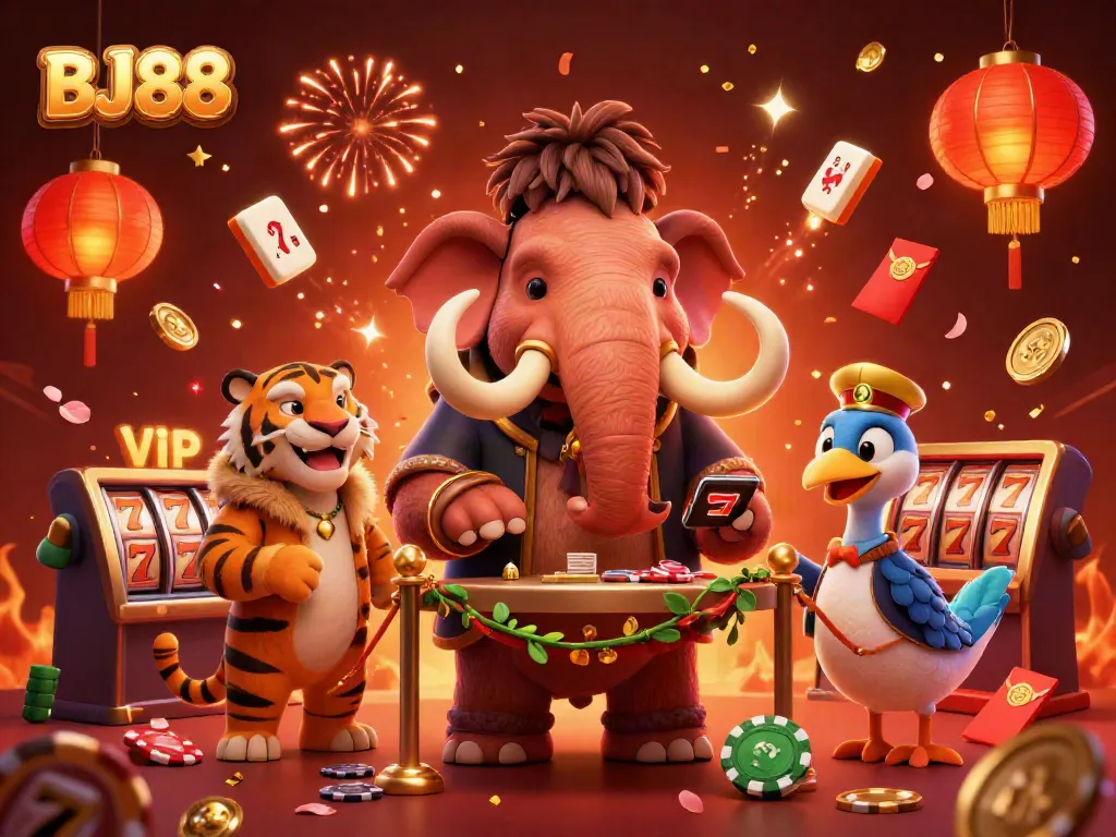 Experience BJ88 excitement with a woolly mammoth bouncer and saber-tooth tiger guest in a vibrant casino setting.