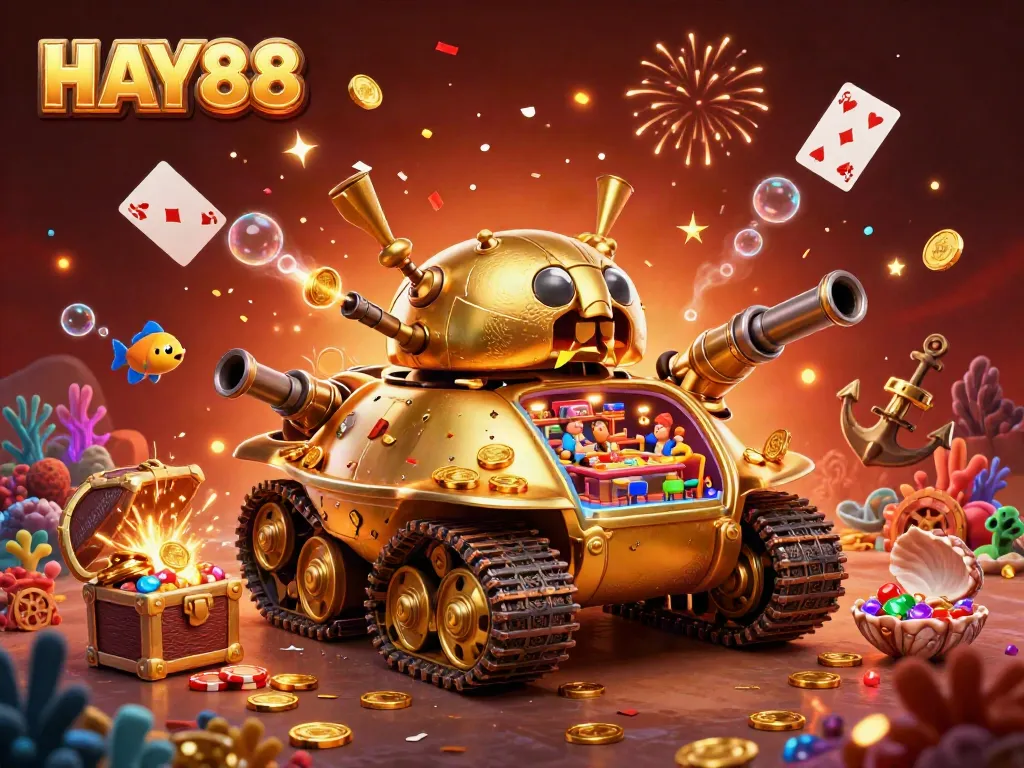Experience the exhilarating world of HAY88 with a vibrant casino scene featuring a golden beetle tank and confetti explosions.