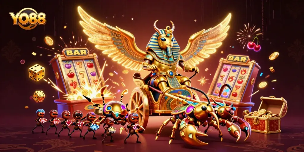 Spin and win at YO88 with the colossal scarab beetle and dazzling casino elements!