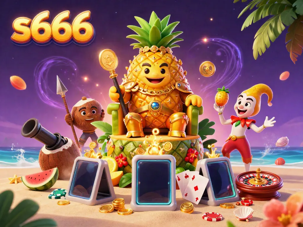 Experience thrilling gameplay with s666, featuring a vibrant beach casino scene full of colorful slot games and animated characters.