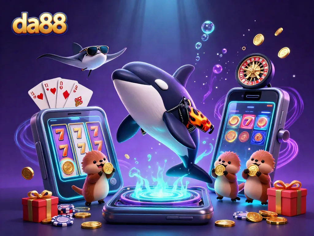Engaging scene of da88 featuring characters like orca, stingray, and sea otters with golden coins in a vibrant casino setting.