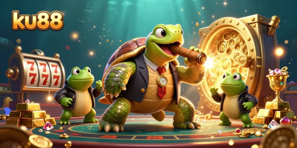ku88 showcases a lively casino scene with a turtle in a mobster suit and dynamic slot elements.